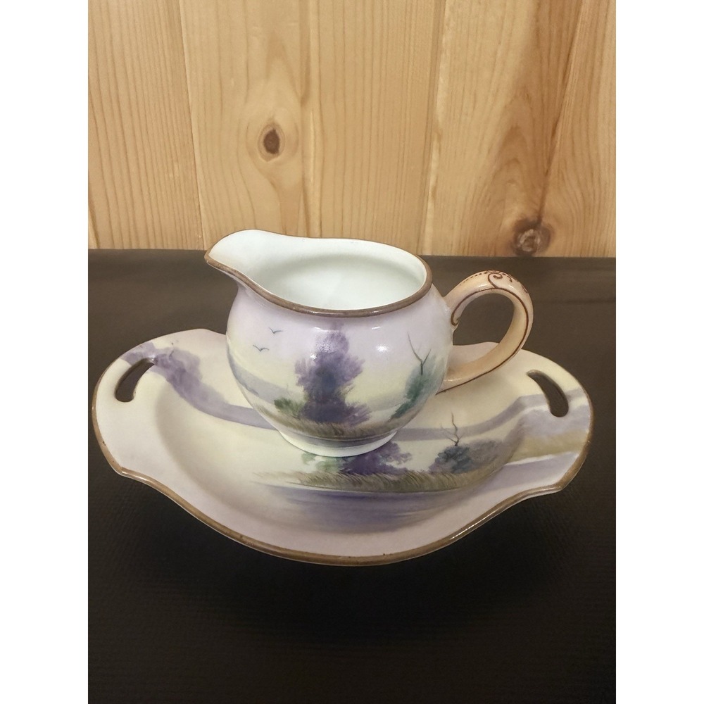 Vintage Nippon Hand Painted Creamer On Matching Plate Purple Lake Scene